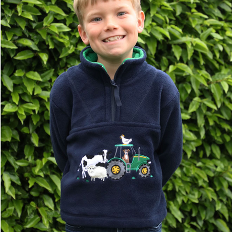 British Country Collection Farmyard Childrens Fleece Jacket #colour_navy-green-trim