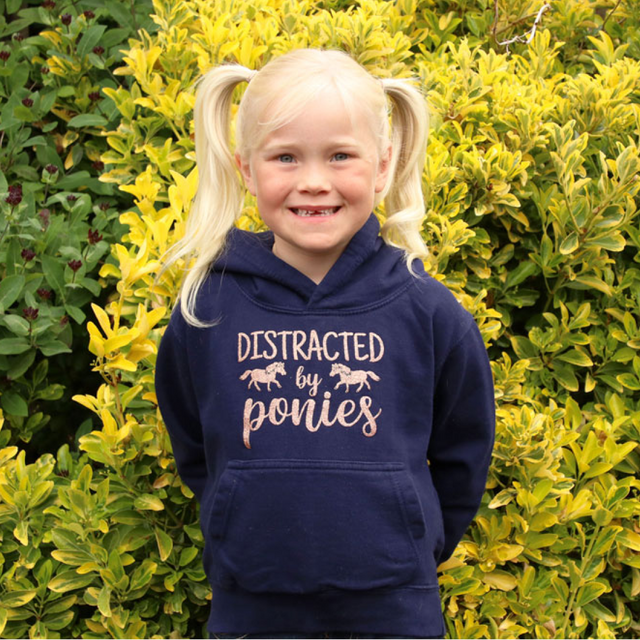 British Country Collection Distracted by Ponies Glitter Hoodie #colour_navy-rose-gold